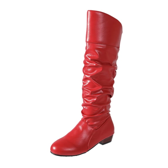 Women's Round Toe Low Heel Knee High Boots PU Leather Slouchy Slip on Comfortable Plus Size Fall Winter Boots for Casual Outdoor Wear Red
