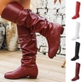 thumbnail image 1 of Women's Round Toe Low Heel Knee High Boots PU Leather Slouchy Slip on Comfortable Plus Size Fall Winter Boots for Casual Outdoor Wear White, 1 of 5