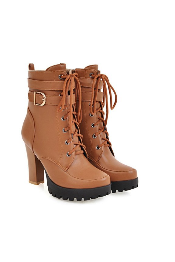 Women's Round Toe Platform Dressy Ankle Boots Lace Up Zipper Chunky Block High Heel Dress Short Bootie