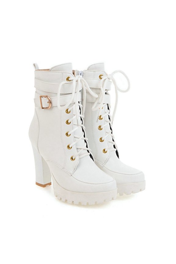 Women's Round Toe Platform Dressy Ankle Boots Lace Up Zipper Chunky Block High Heel Dress Short Bootie