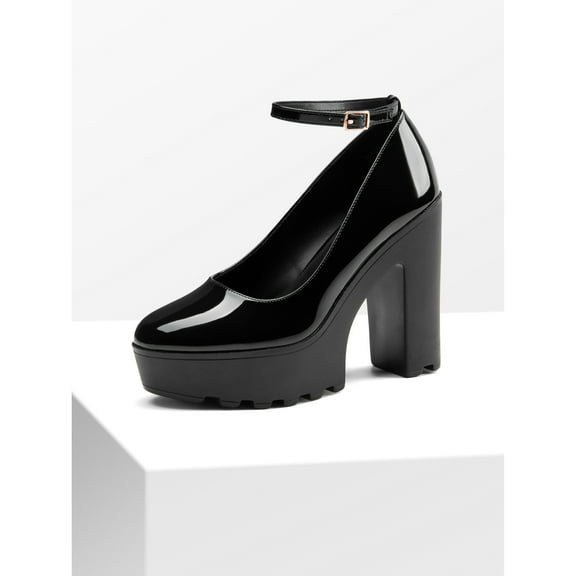 Women's Round Toe Platform Mary Janes Chunky Heels Pumps