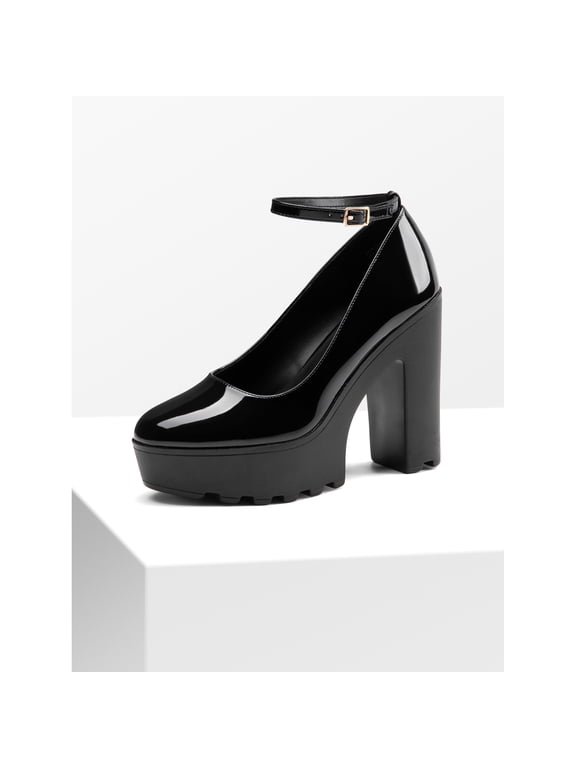 Women's Round Toe Platform Mary Janes Chunky Heels Pumps