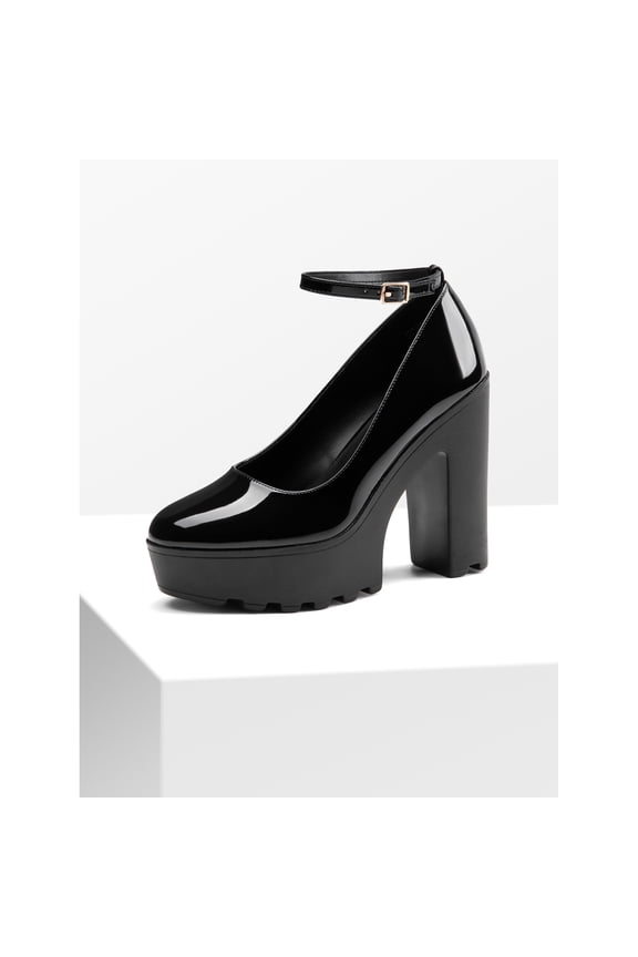 Women's Round Toe Platform Mary Janes Chunky Heels Pumps