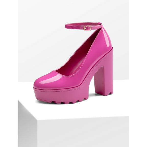 Women's Round Toe Platform Mary Janes Chunky Heels Pumps