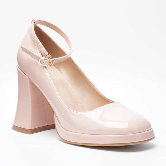 Women's Round Toe Platform Pumps Chunky Block Heel Ankle Strap Patent Leather Dress Shoes