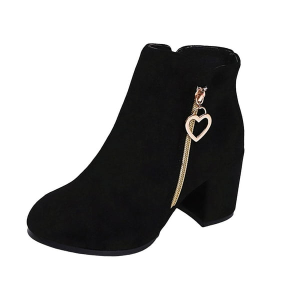 Women's Round Toe Slip On Suede Ankle Boots Chunky High Heel Short Combat Booties Casual Non Slip Fall Boots with Side Zipper Black Size 8
