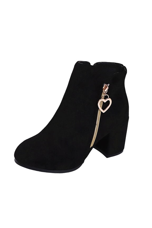 Women's Round Toe Slip On Suede Ankle Boots Chunky High Heel Short Combat Booties Casual Non Slip Fall Boots with Side Zipper Black Size 9