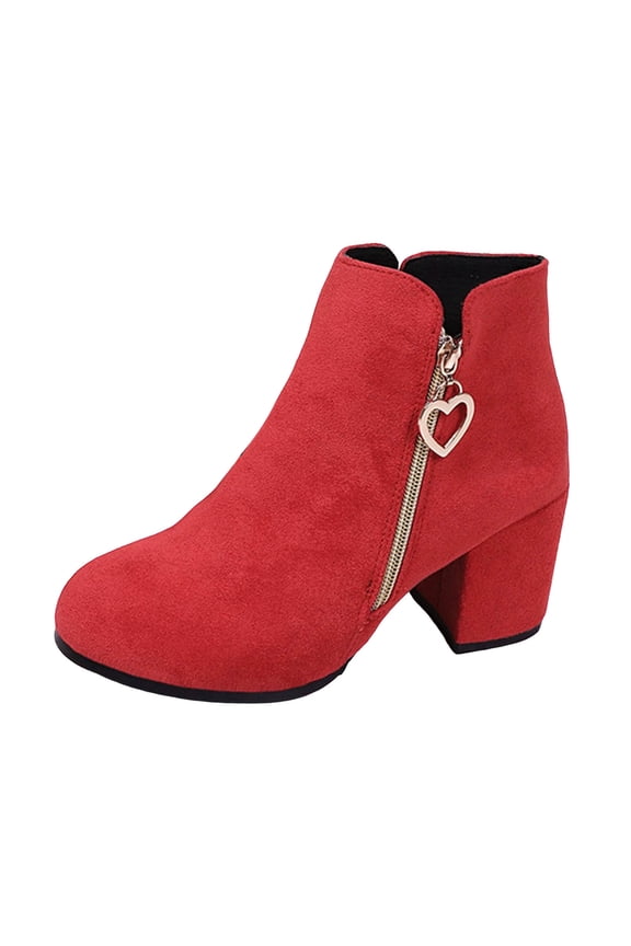 Women's Round Toe Slip On Suede Ankle Boots Chunky High Heel Short Combat Booties Casual Non Slip Fall Boots with Side Zipper Red Size 7