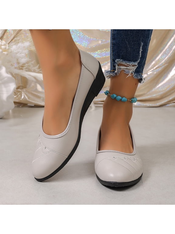 Women's Round Toe Wedge Flats Faux Leather Rhinestone Decor Slip On Casual Dress Shoes for Daily Walking Wear Beige 6