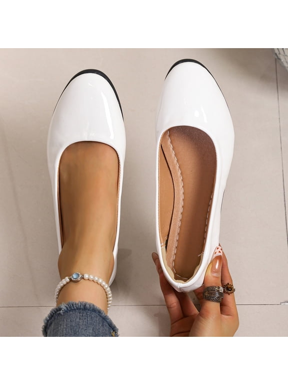 Women's Round Toe Wedge Flats Patent Leather Slip On Casual Dress Shoes for Daily Work Wear White 9.5