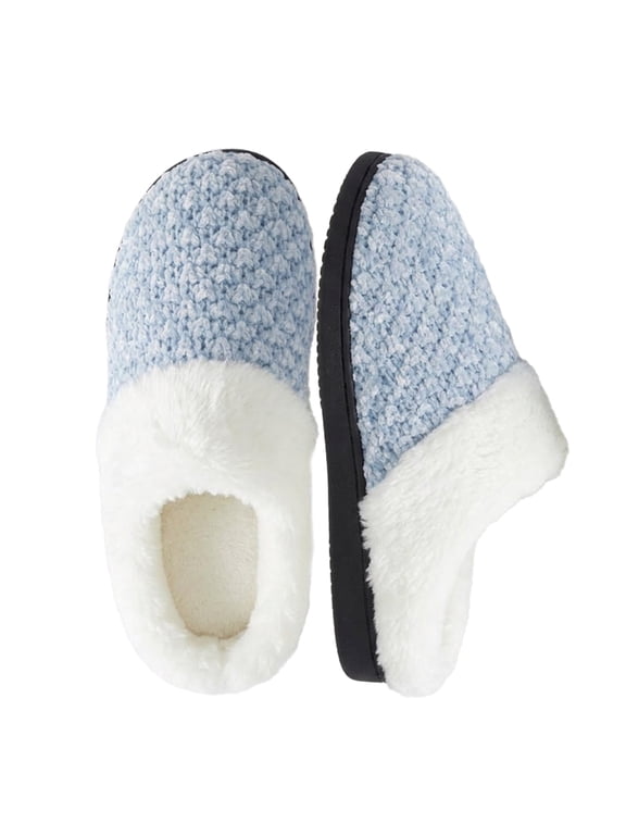 Women's Roxoni Knit Memory Foam Clog Slippers – Plush Faux Fur Collar Indoor/Outdoor House Shoes