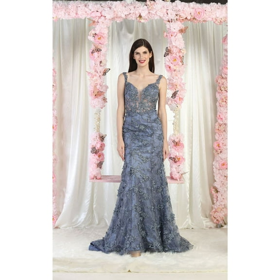 Women's Royal Blue Queen RQ7982 3D Leaf Applique Special Occasion evening elegant Gown Dusty Blue 4