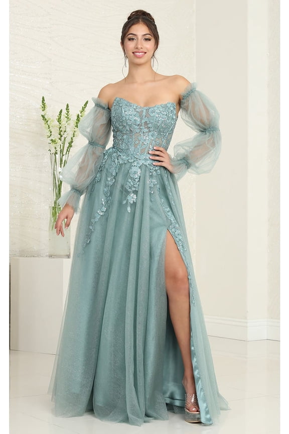Women's Royal Blue Queen RQ8060 Strapless Puffy Detachable Sleeves A-line Sage Green Gown 10