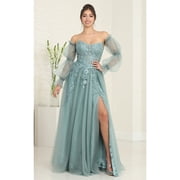 Womens Royal Blue Queen RQ8060 Strapless Puffy Detachable Sleeves A-line Sage Green Gown 14
