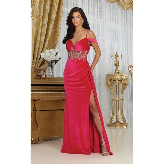 Women's Royal Blue Queen RQ8087 V-neck Spaghetti Straps Slit Velvet Prom 2026 Dress Fuchsia Pink 6
