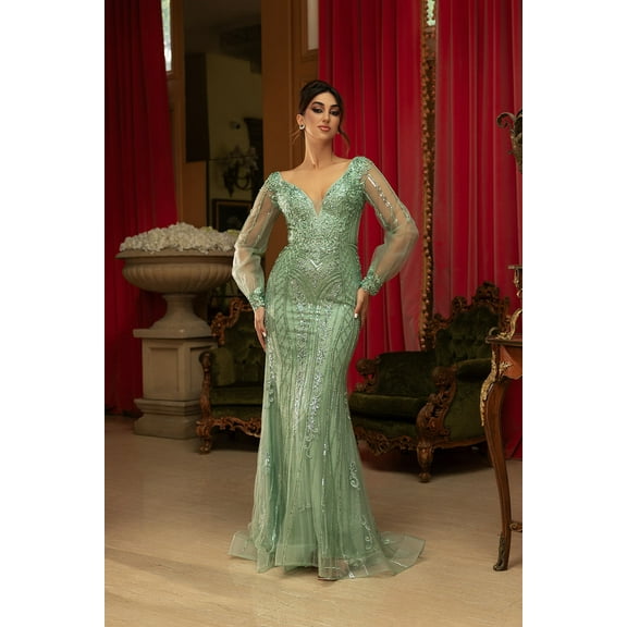 Women's Royal Blue Queen RQ8125 Sequin V-Neck Long Sleeve evening elegant Gown Sage Green 8