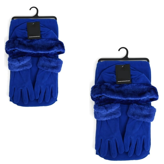 Women's Royal Blue Solid Fleece 3-Piece gloves scarf Hat Winter Set, 2 Pack
