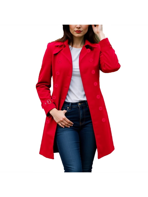 Women's Royal Blue Trench Coat Double Breasted Notch Lapel Long Sleeve Cuff Buckle Belted Mid Length Jacket for Spring Fall Casual Office Red