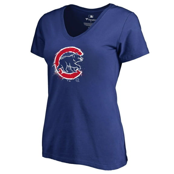 Women's Royal Chicago Cubs Splatter Logo V-Neck T-Shirt