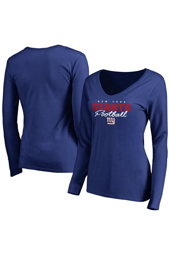 Women's Royal New York Giants Iconic Collection Script Assist Long Sleeve V-Neck T-Shirt