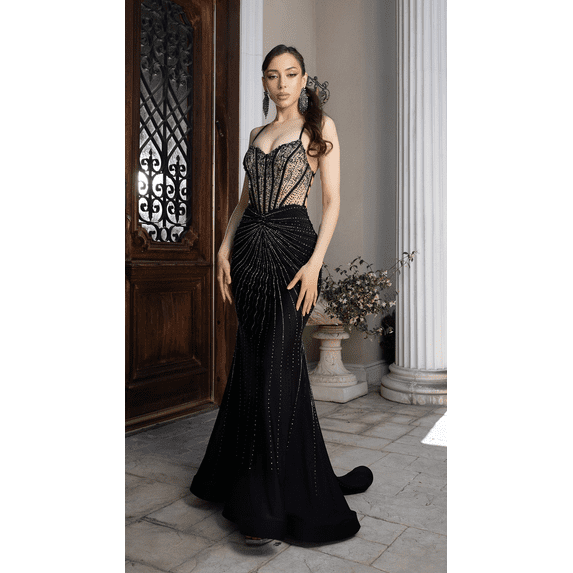 Women's Royal Queen Beaded Corset Mermaid Gown with Open Back & Crisscross Straps – Sparkly Formal Prom 2026 Dress RQ8209 Black And10 BLACK/NUDE