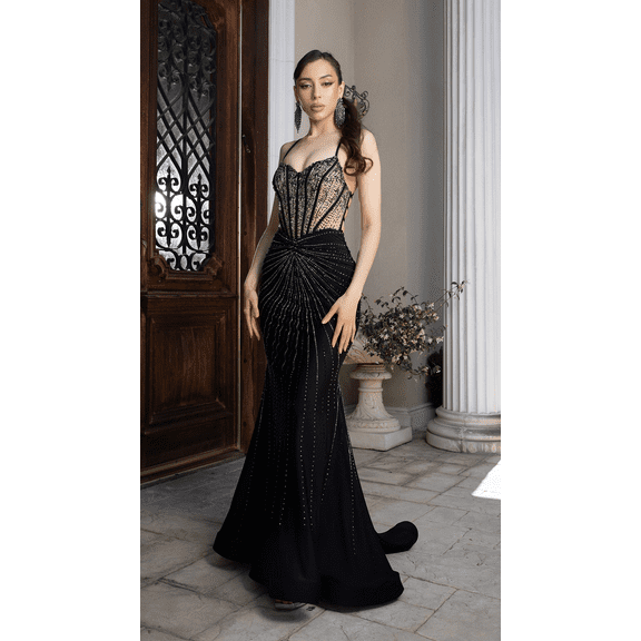 Women's Royal Queen Beaded Corset Mermaid Gown with Open Back & Crisscross Straps – Sparkly Formal Prom 2026 Dress RQ8209 Black And2 BLACK/NUDE