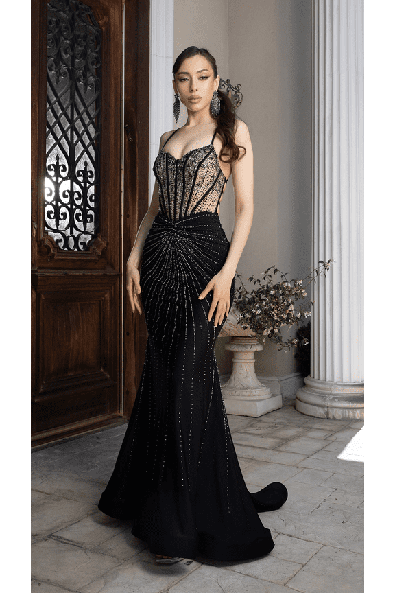 Women's Royal Queen Beaded Corset Mermaid Gown with Open Back & Crisscross Straps – Sparkly Formal Prom 2026 Dress RQ8209 Black And2 BLACK/NUDE