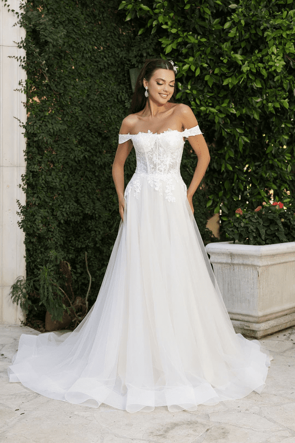 Women's Royal Queen Long Wedding Dress Off The Shoulder A-Line Gown RQ8182 Ivory And8 IVORY/NUDE