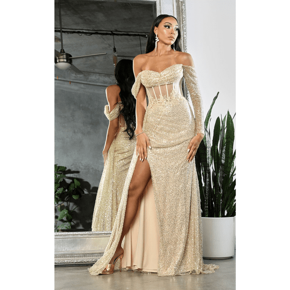 Women's Royal Queen RQ8050 One Sleeve Corset Bone Special Occasion Gown Gold 4