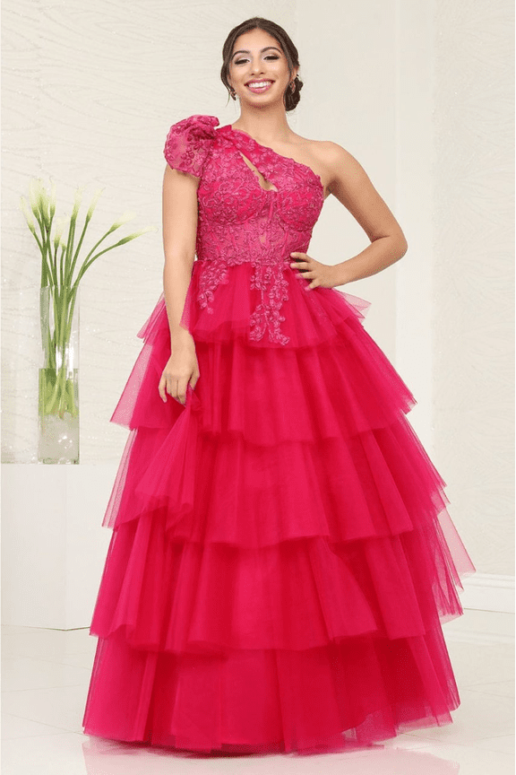 Women's Royal Queen RQ8119 One-Shoulder Tulle Ballgown with Beaded Applique Fuchsia Pink 12