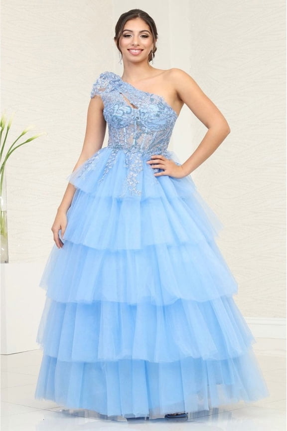 Women's Royal Queen RQ8119 One-Shoulder Tulle Ballgown with Beaded Applique Smoky 16