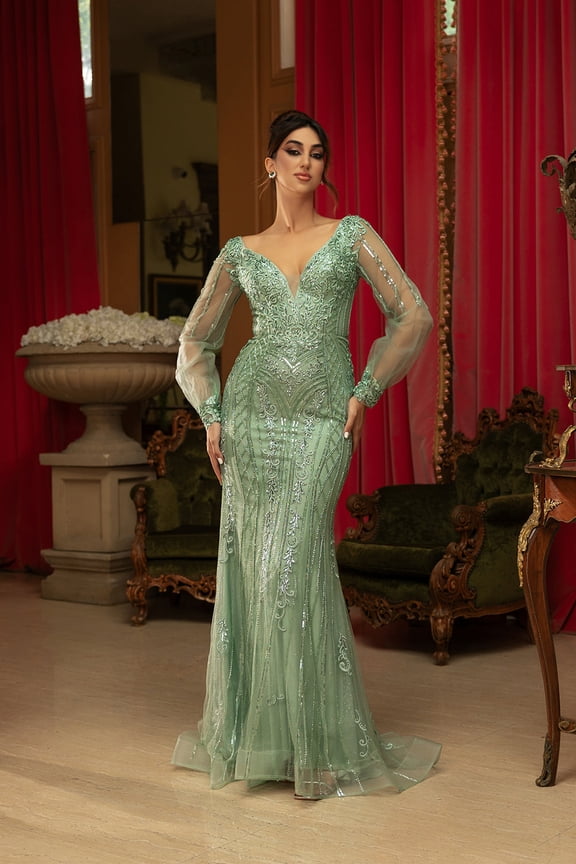 Women's Royal Queen RQ8125 Sequin V-Neck Long Sleeve evening elegant Gown Dress Sage Green 20