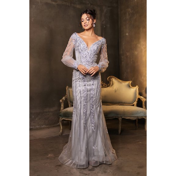 Women's Royal Queen RQ8125 Sequin V-Neck Long Sleeve evening elegant Gown Dress Silver 8