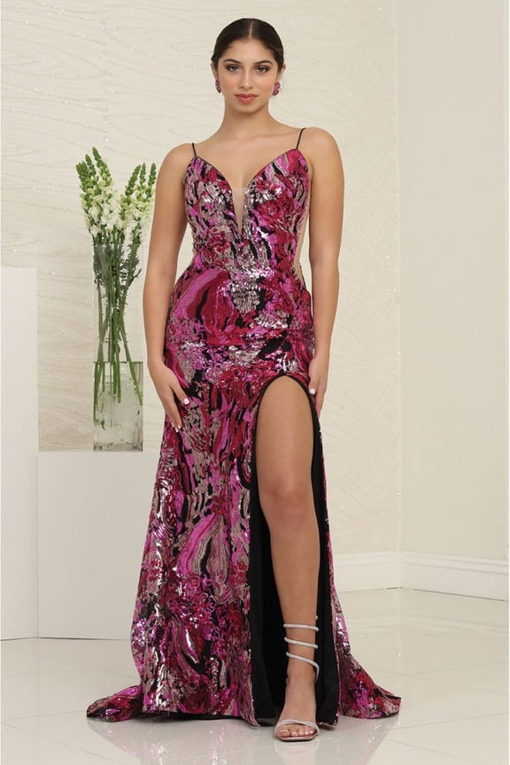 Women's Royal Queen RQ8141 Sparkling Sequin Sheath Prom 2026 Gown with High Slit Black And Fuchsia Pink 18 Black/Fuchsia