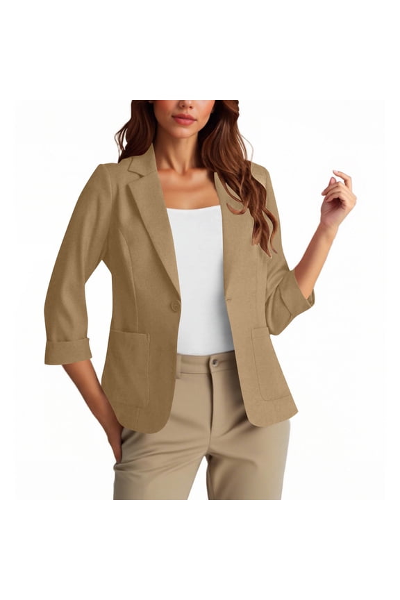 Women's Ruched 3/4 Sleeve Blazers Lapel V Neck Jackets Button Clothes Business Dressy Outwear Open Front Suit Jacket 2025 Fashion Clothing Office Blouses Overcoat