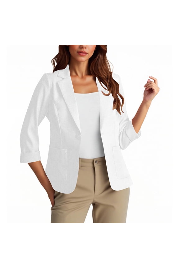 Women's Ruched 3/4 Sleeve Blazers Lapel V Neck Jackets Button Clothes Business Dressy Outwear Open Front Suit Jacket 2025 Fashion Clothing Office Blouses Overcoat