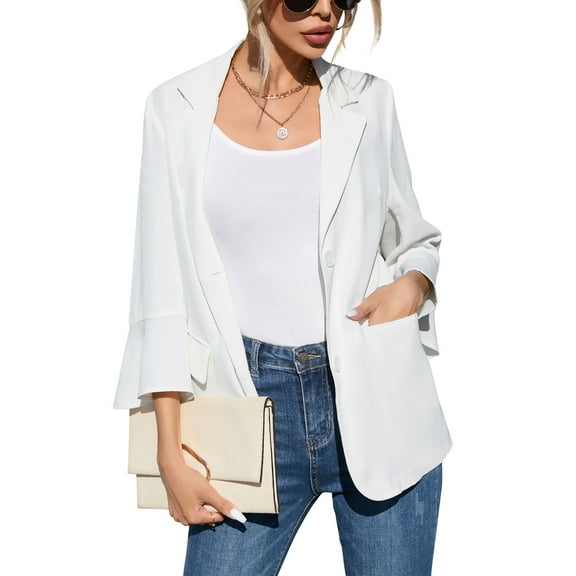 Women's Ruched 3/4 Sleeve Blazers, Lightweight Slim Fit Jackets with Padded Shoulder for Business Casual