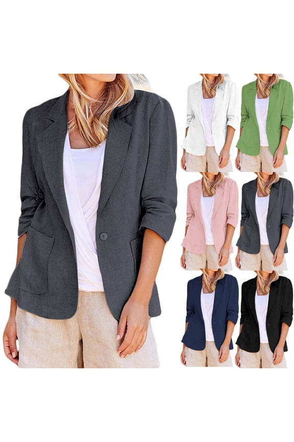 Women's Ruched 3/4 Sleeve Blazers Lightweight Slim Fit Work Office Suits Business Casual Open Front Basic Solid Blazer Jackets,Green,L