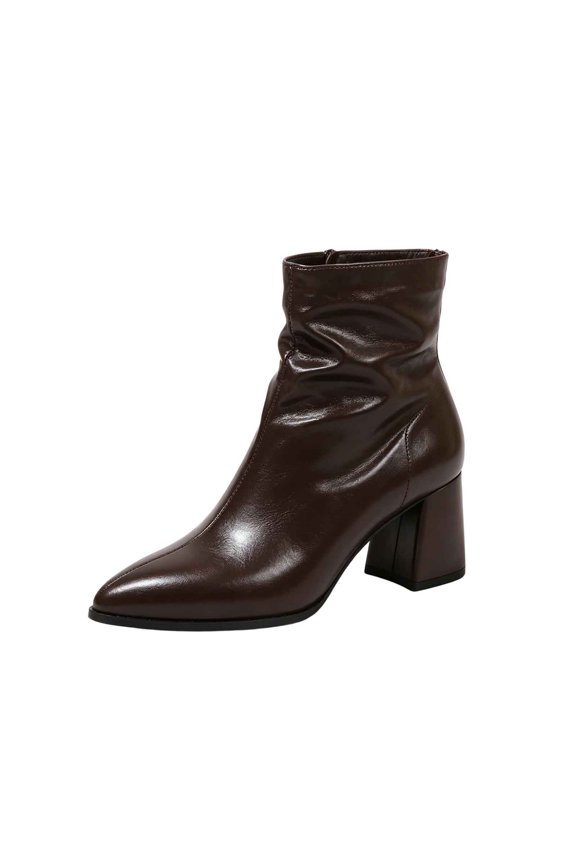 Women’s Ruched Ankle Boots, Pointed Toe Back Zipper Chunky Block Heel Short Booties, Wrinkle Slouch Mid Calf Dress Boots Brown 5(35)