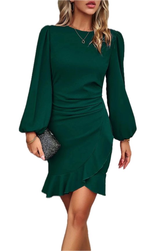 Women's Ruched Balloon Sleeve Mini Dress with ninety five percent polyester and five percent elastane fabric blend