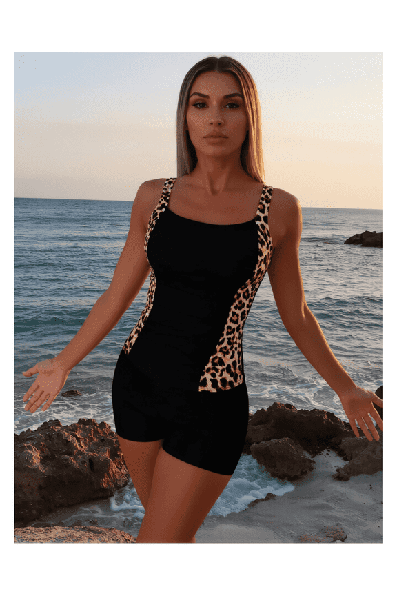 Women's Ruched Black Tankini, Leopard Print Boyshort Swimwear, Sizes S-XL