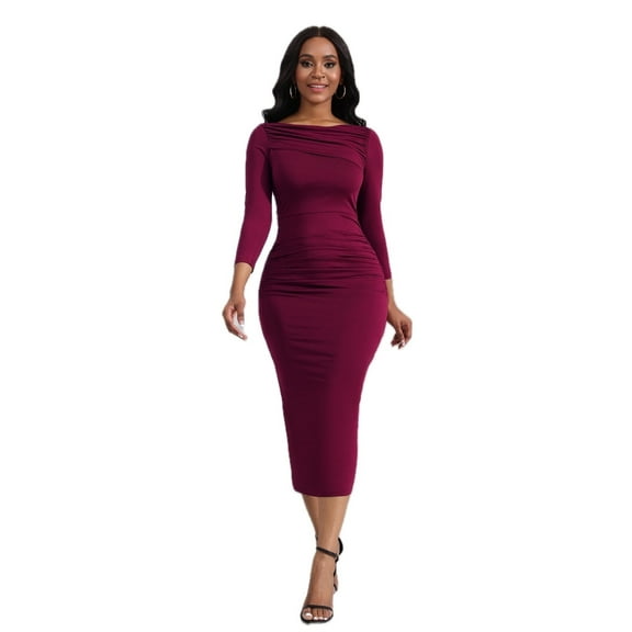 Women's Ruched Boat Neck Midi Dress with Stretch 80% Polyester 20% Spandex Ideal for Casual or Dressy Occasions