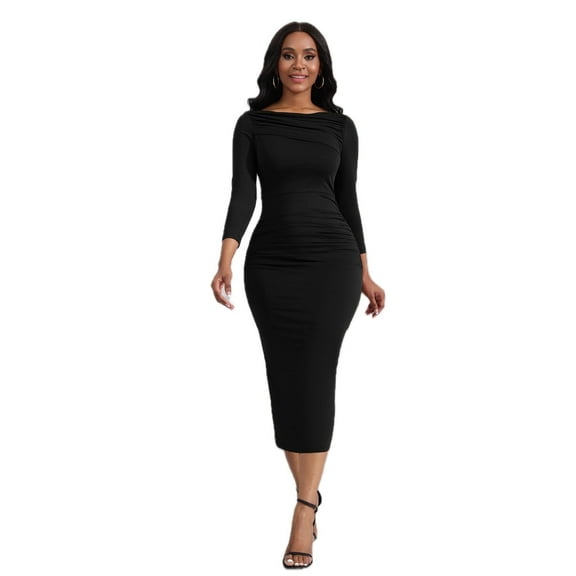 Women's Ruched Boat Neck Midi Dress with Stretch 80% Polyester 20% Spandex Ideal for Casual or Dressy Occasions