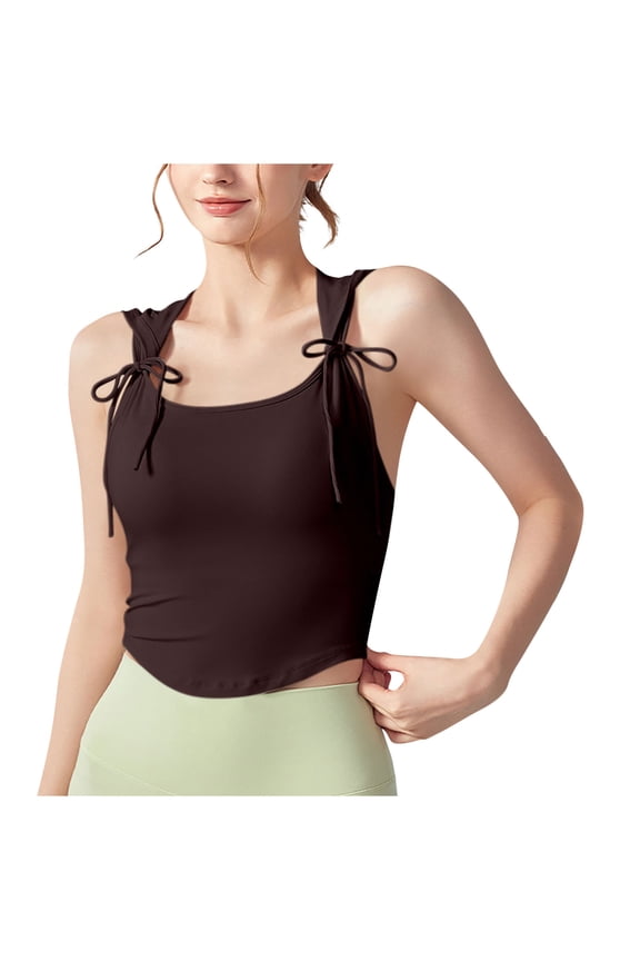 Women's Ruched Bodycon Bow Tie Tank Tops Drawstring Side Crewneck Sleeveless Crop Tee Tops Slim Fit T Shirt