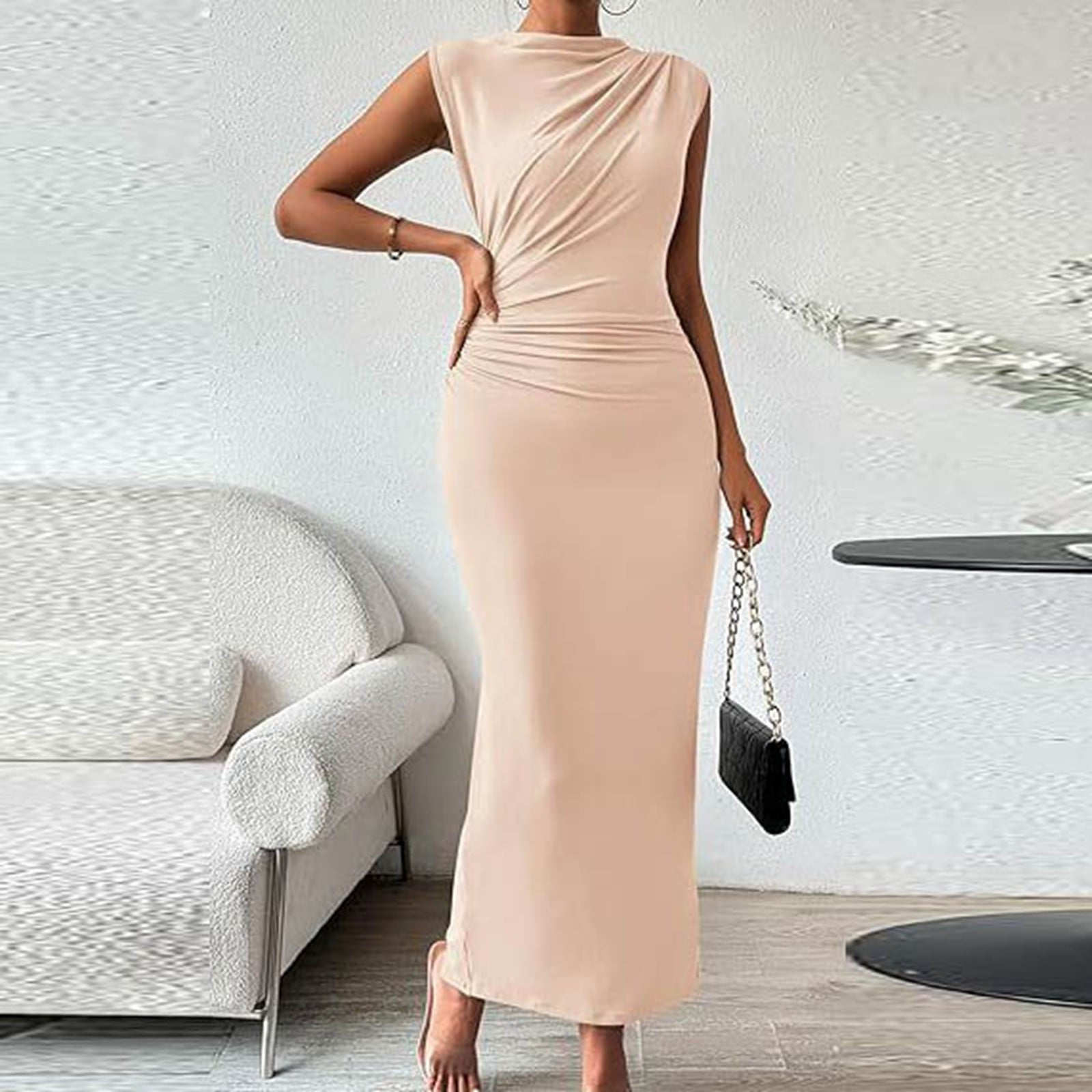 Women's Ruched Bodycon Dress Summer Casual Sleeveless Back Slit Elegant  Club Evening Party Maxi Dresses plus Size Petite Long Dresses for Women  Evening Formal Dresses for Wedding Guest plus Size Pearl -
