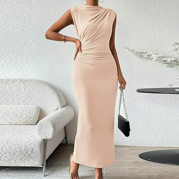 Women's Ruched Bodycon Dress Summer Casual Sleeveless Back Slit Elegant Club Evening Party Maxi Dresses plus Size Petite Long Dresses for Women Evening Formal Dresses for Wedding Guest plus Size Pearl