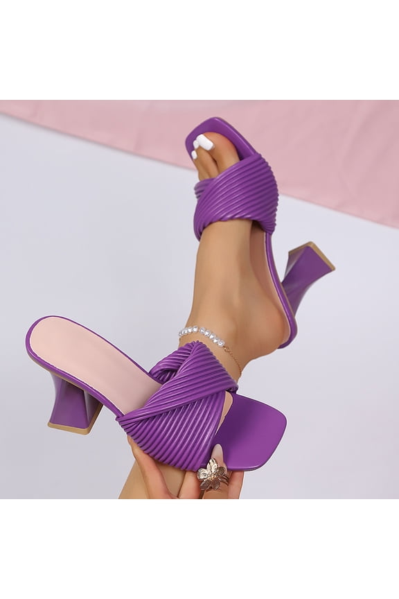 Women's Ruched Cross Band Flare Heel Slide Sandals, Square Toe Open Toe Mules for Party & Evening Purple 7.5