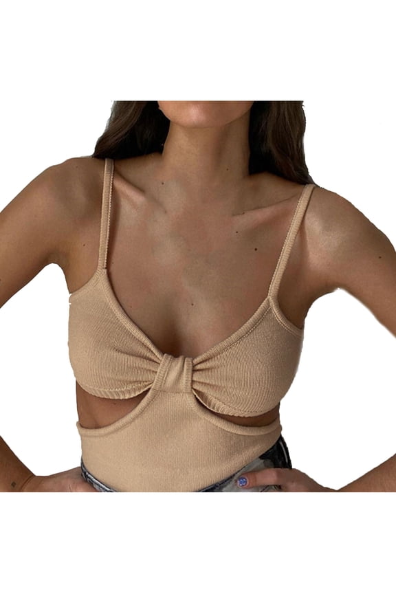 Women's Ruched Cut Out Spaghetti Strap Tank Top Summer Sexy Low Neck Sleeveless Camisole Slim Fit Airy Ribbed Going Out Tops Khaki
