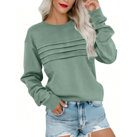 Women's Ruched Detail Crewneck Sweater Rib Knit Pullover Top with Sculpted Sleeves Dressy Casual Blouse for Fall Winter Office Work Wear