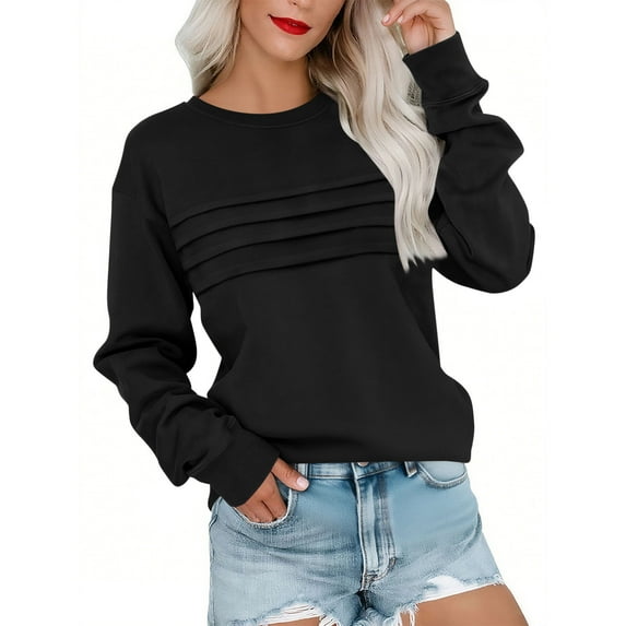 Women's Ruched Detail Crewneck Sweater Rib Knit Pullover Top with Sculpted Sleeves Dressy Casual Blouse for Fall Winter Office Work Wear